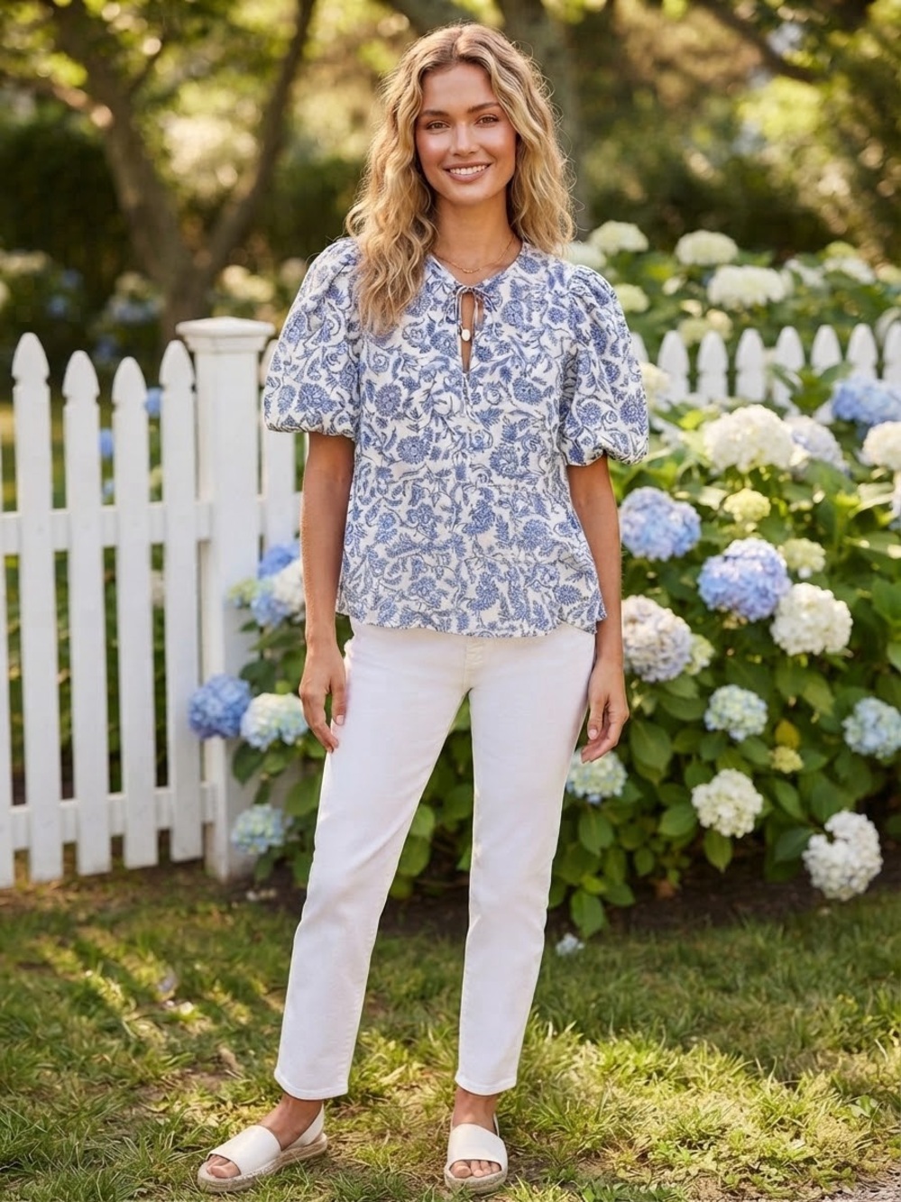 TCEC Blue & White Floral Tie-Neck Puff Sleeve Blouse
